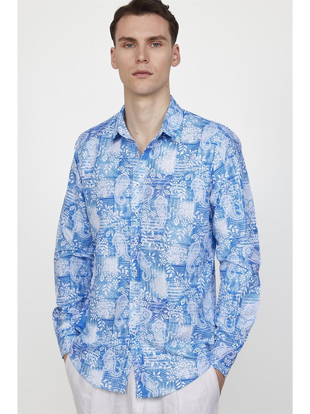 Mavi Slim Fit Baskılı Desenli Kolay Ütü Yaka Düğmeli Gömlek