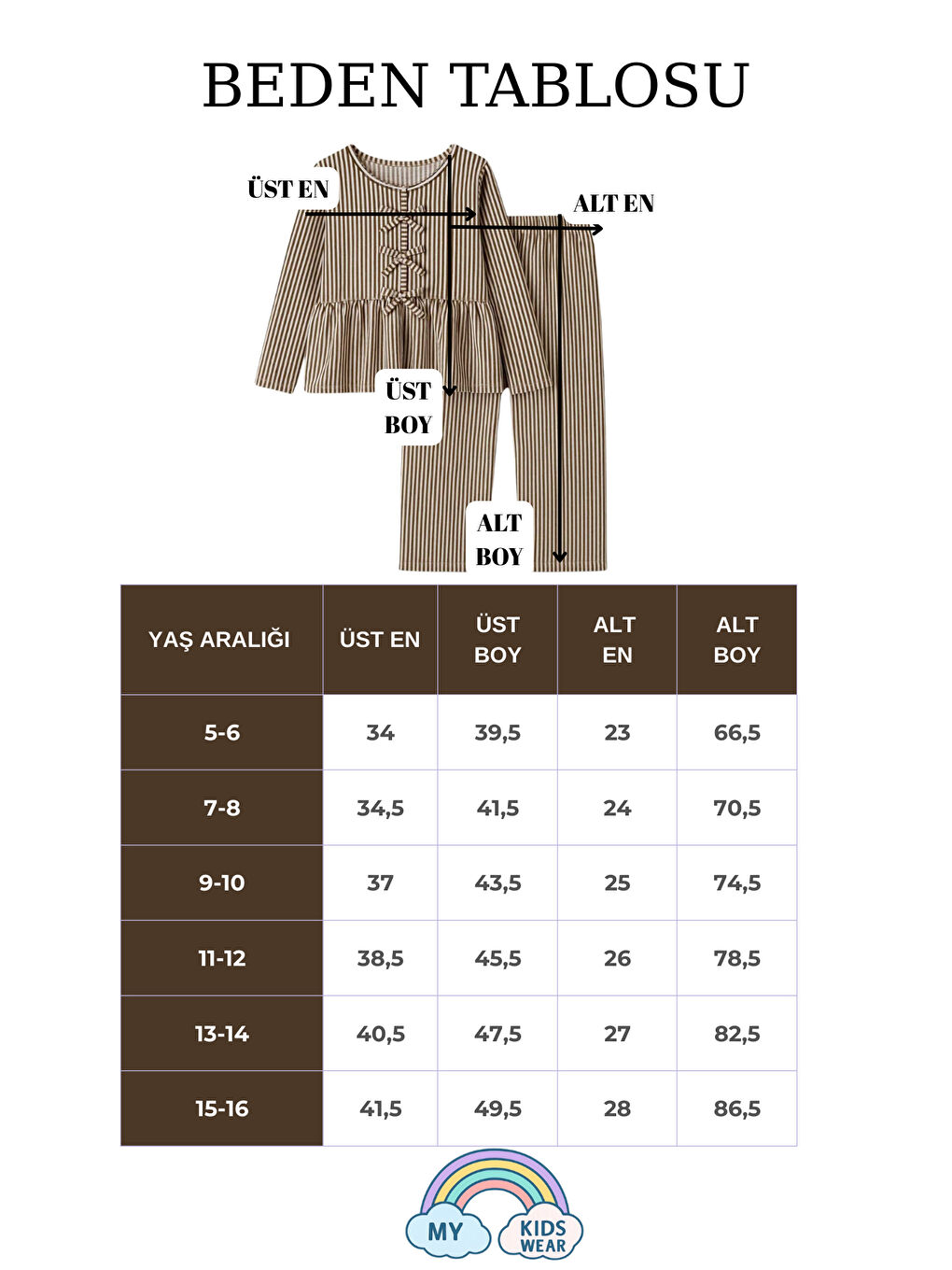 Kahverengi Kız Çocuk Çizgili Fırfırlı Pijama Takımı 5-16 Yaş 12048-1