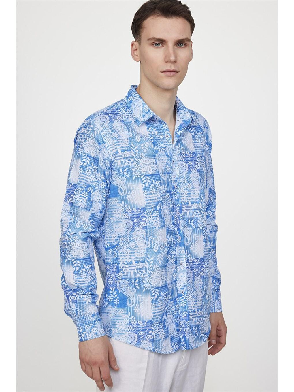 Mavi Slim Fit Baskılı Desenli Kolay Ütü Yaka Düğmeli Gömlek-1