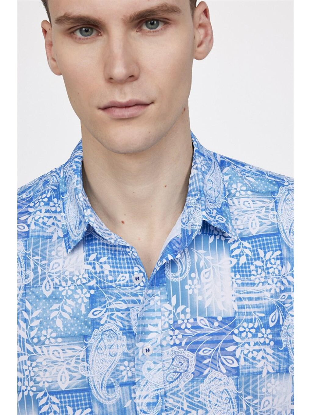 Mavi Slim Fit Baskılı Desenli Kolay Ütü Yaka Düğmeli Gömlek-2