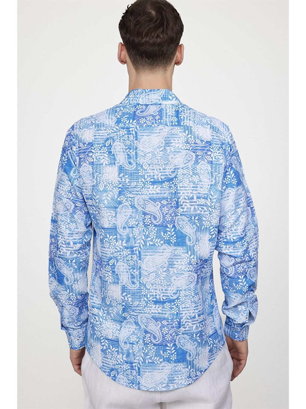Mavi Slim Fit Baskılı Desenli Kolay Ütü Yaka Düğmeli Gömlek-3