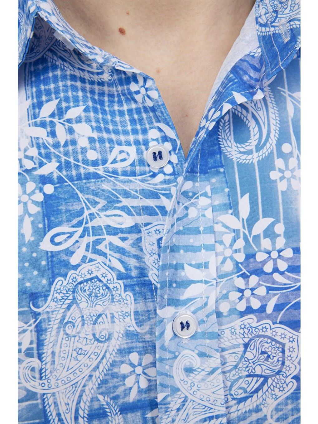 Mavi Slim Fit Baskılı Desenli Kolay Ütü Yaka Düğmeli Gömlek-4