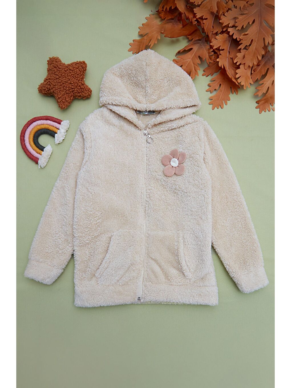 Ekru Papatya Aksesuarlı Fermuarlı Kız Çocuk Pelüş Mont-1
