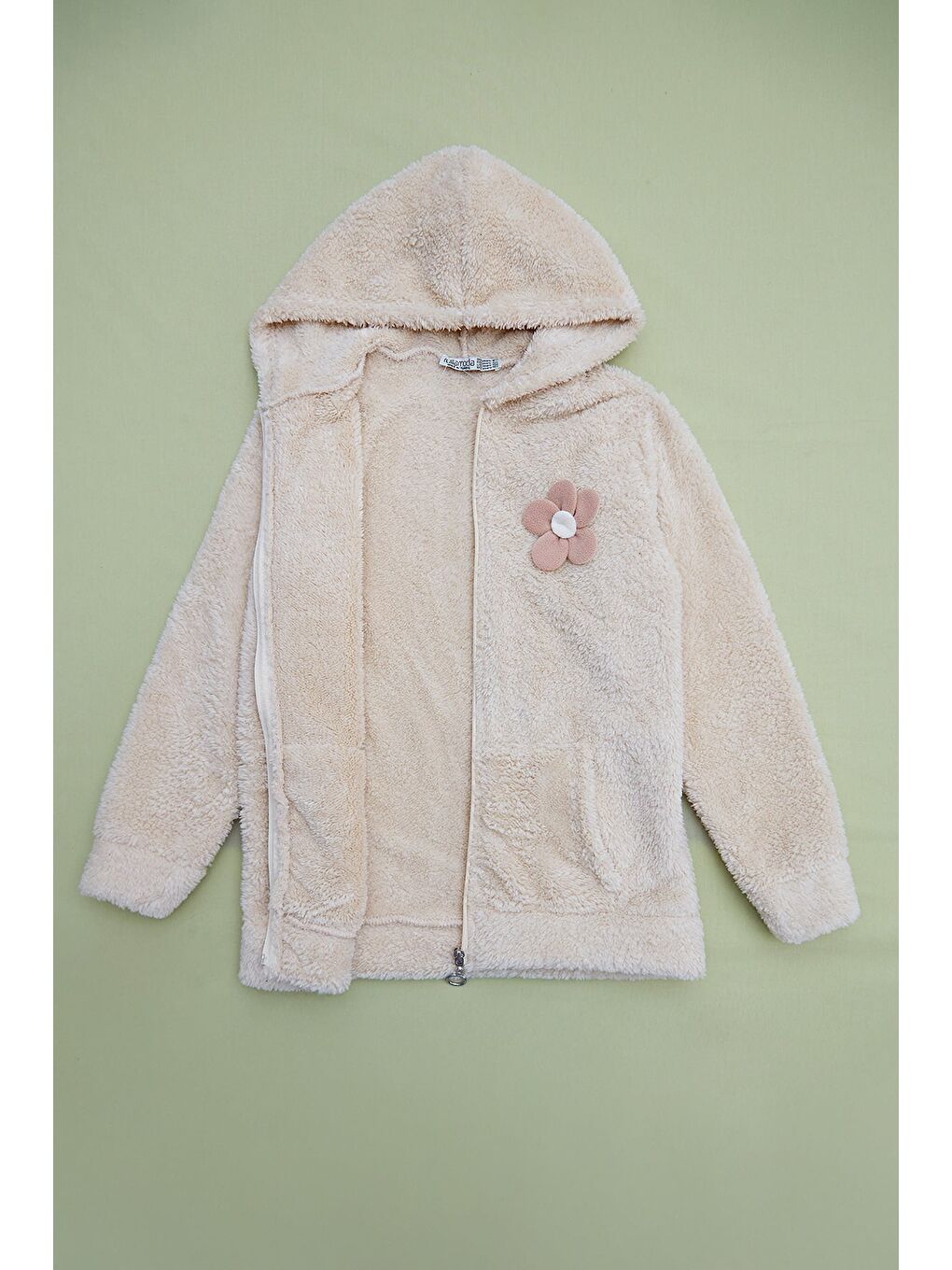 Ekru Papatya Aksesuarlı Fermuarlı Kız Çocuk Pelüş Mont-3