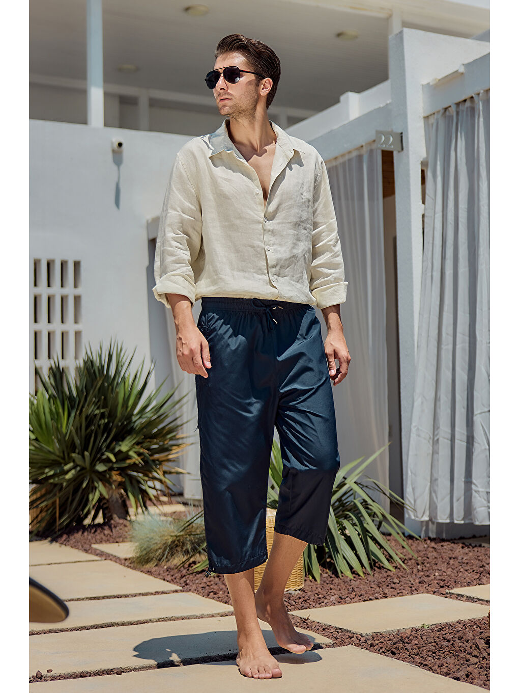 Erkek Havuz Deniz Uzun Kapri Şort Mayo RKS-01 Lacivert-1