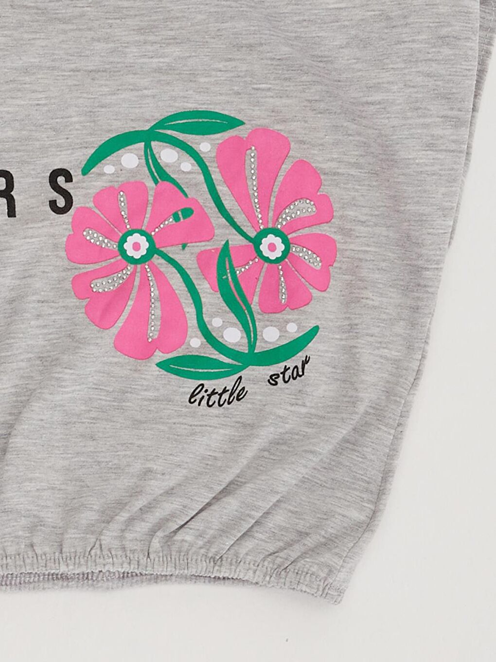 Gri Kız Çocuk Vatkalı Flowers Love Tişört-2
