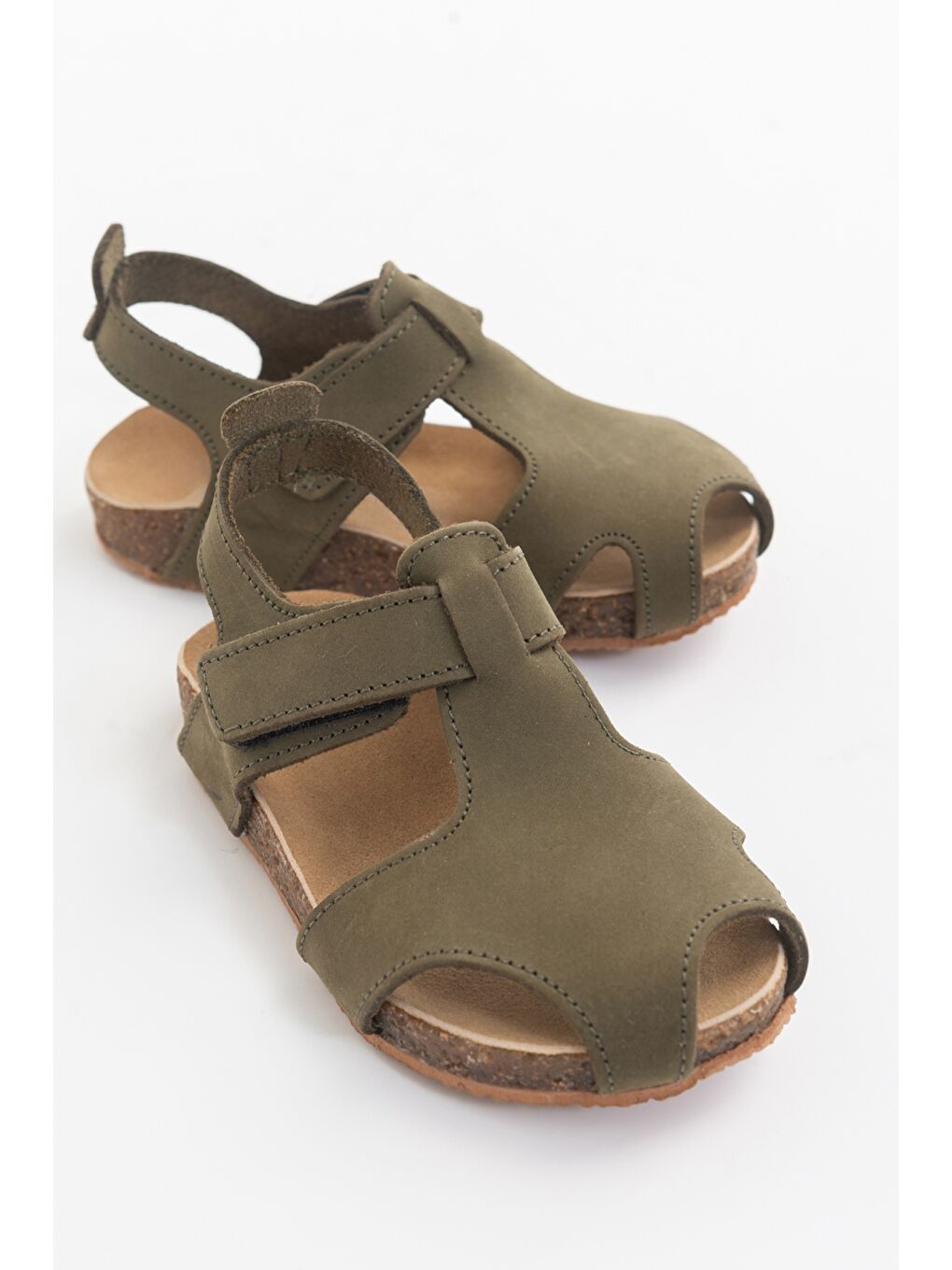 Unisex Çocuk Haki Deri Ortopedik Destekli Çocuk Sandalet-1