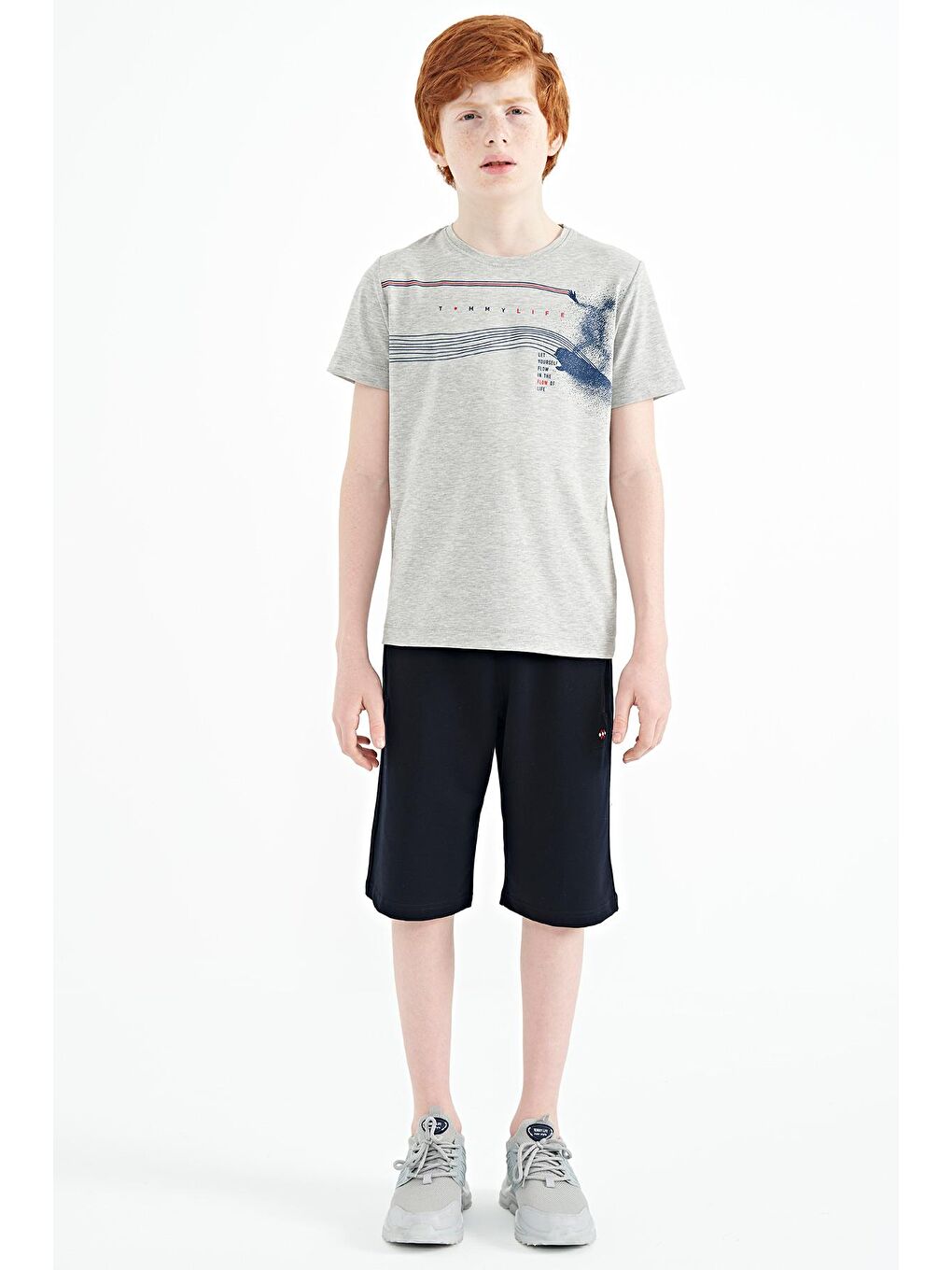 TOMMYLIFE Gri Melanj Baskı Detaylı Standart Kalıp O Yaka Erkek Çocuk T-Shirt - 11133 - 2