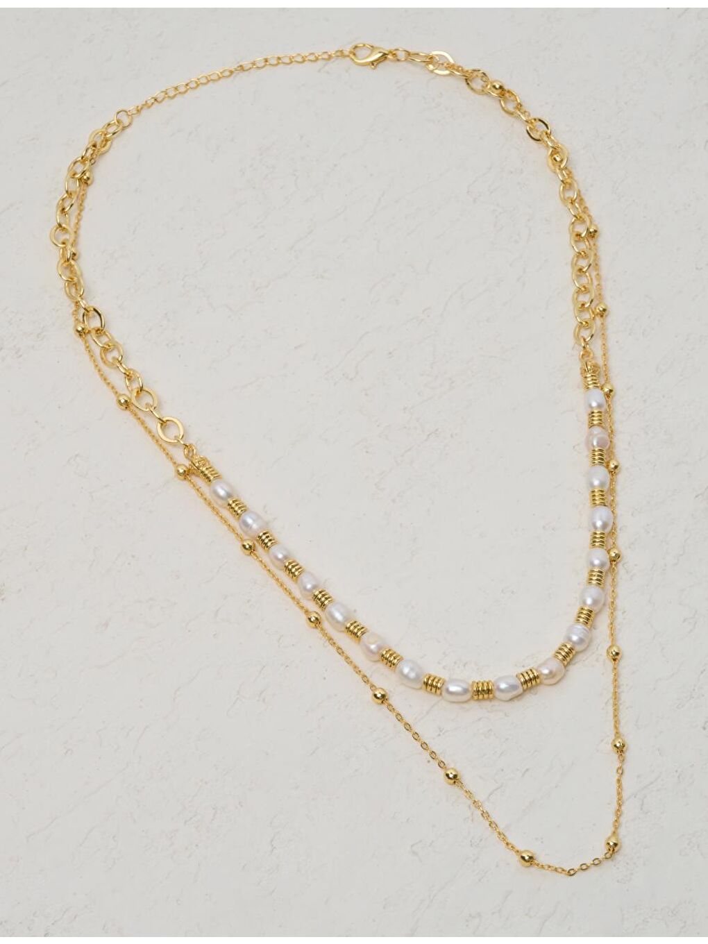 Beyaz Çift Zincirli Barok İnci Kolye