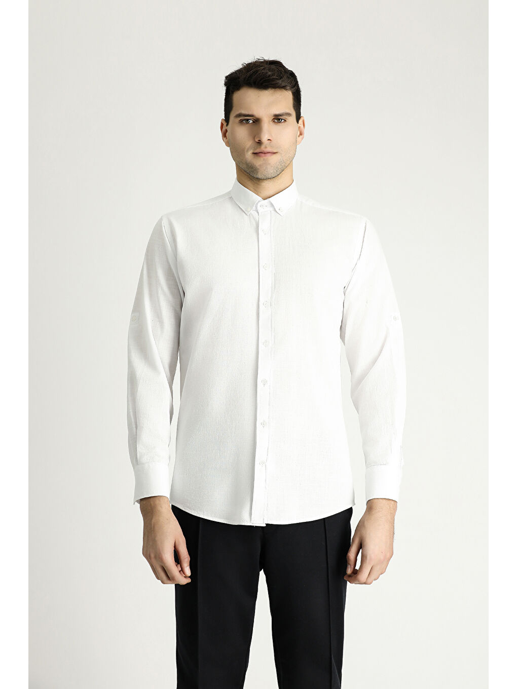 Beyaz Uzun Kol Relax Fit Rahat Kesim Keten Görünümlü Pamuk Düğmeli Yaka %100 Pamuk Gömlek-3