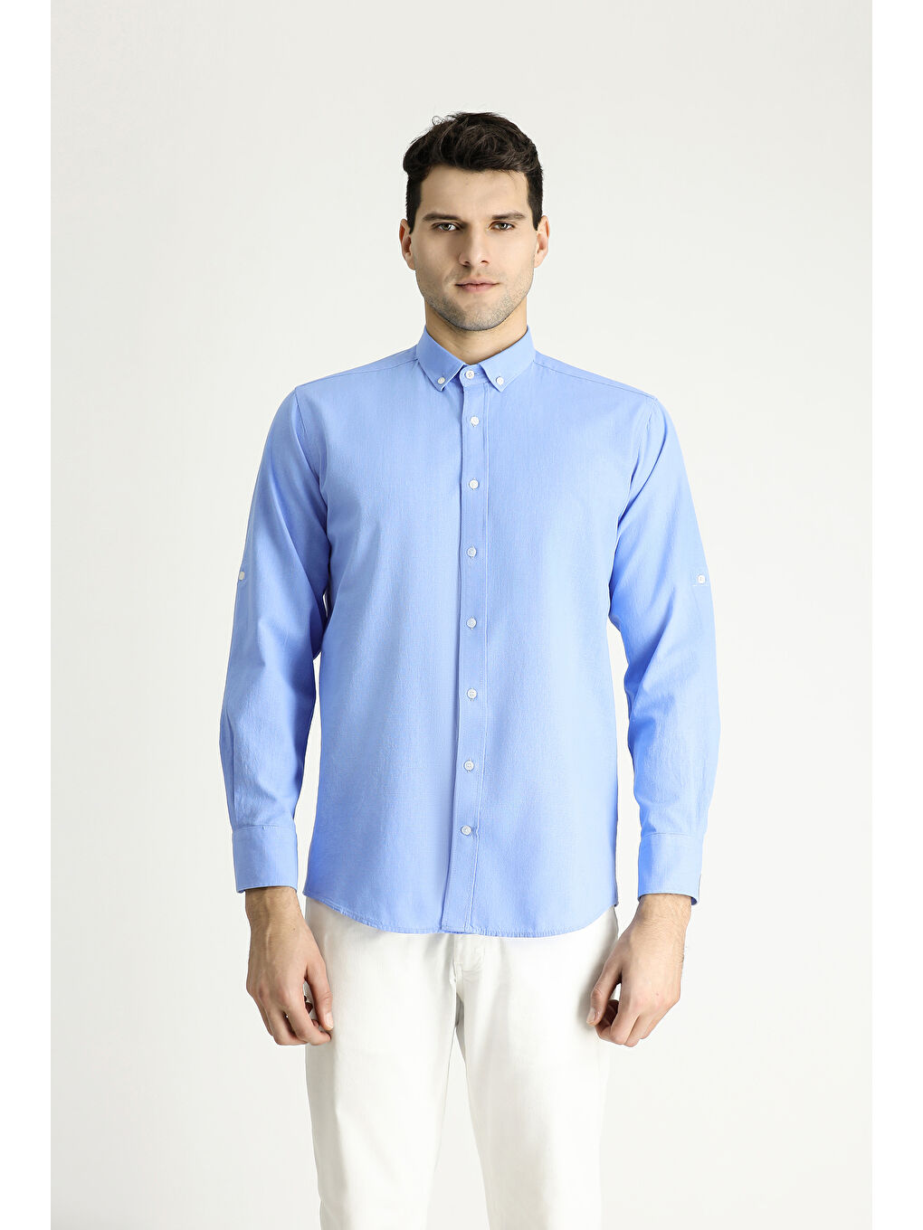 Mavi Uzun Kol Relax Fit Rahat Kesim Keten Görünümlü Pamuk Düğmeli Yaka %100 Pamuk Gömlek-3