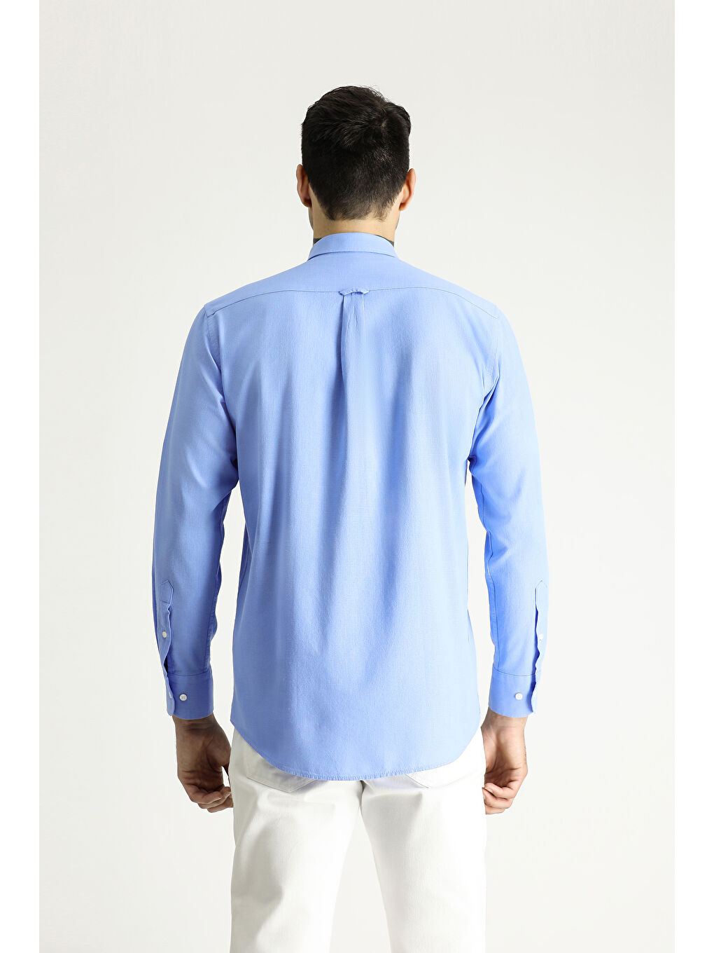 Mavi Uzun Kol Relax Fit Rahat Kesim Keten Görünümlü Pamuk Düğmeli Yaka %100 Pamuk Gömlek-4