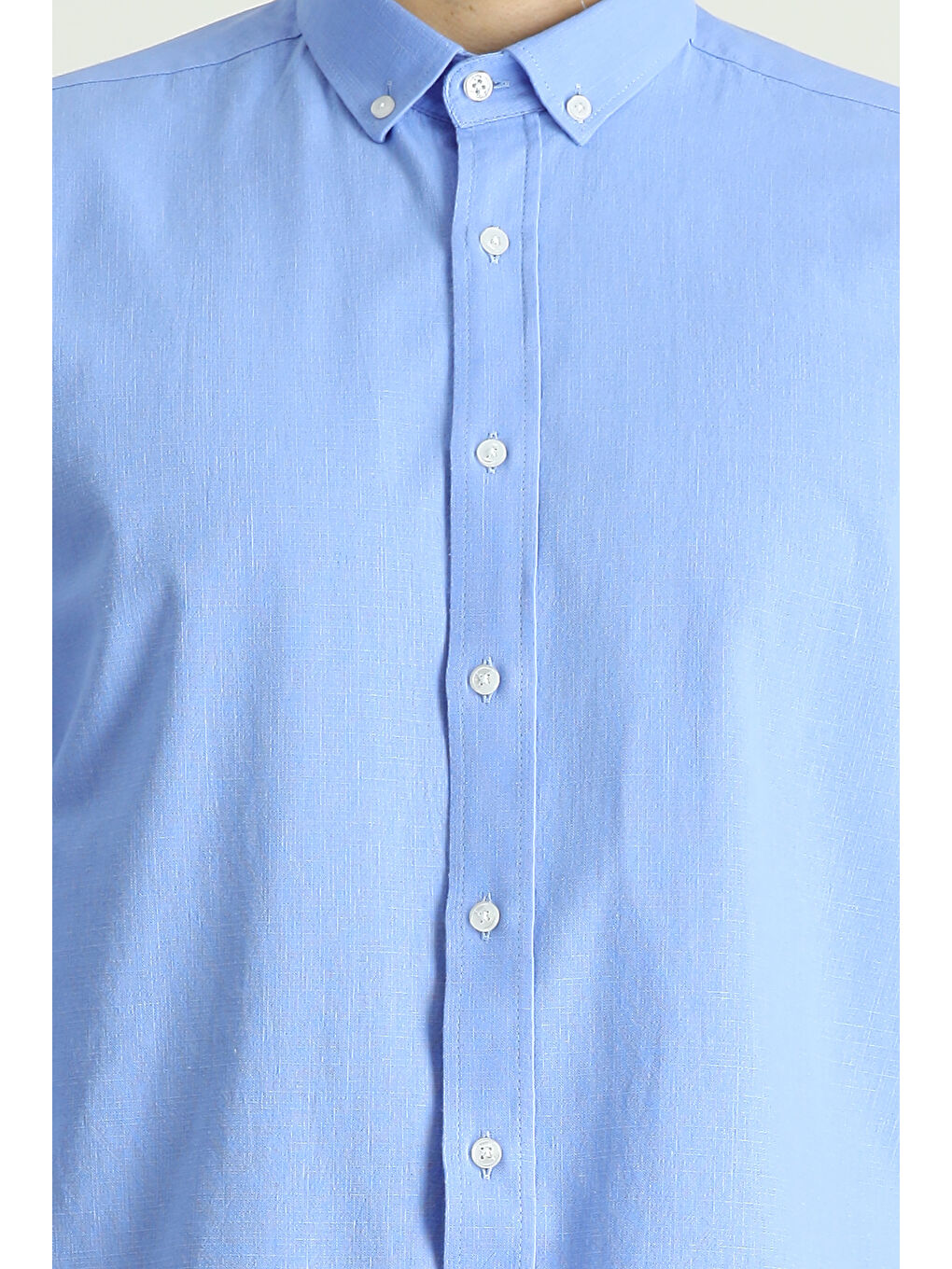 Mavi Uzun Kol Relax Fit Rahat Kesim Keten Görünümlü Pamuk Düğmeli Yaka %100 Pamuk Gömlek-5