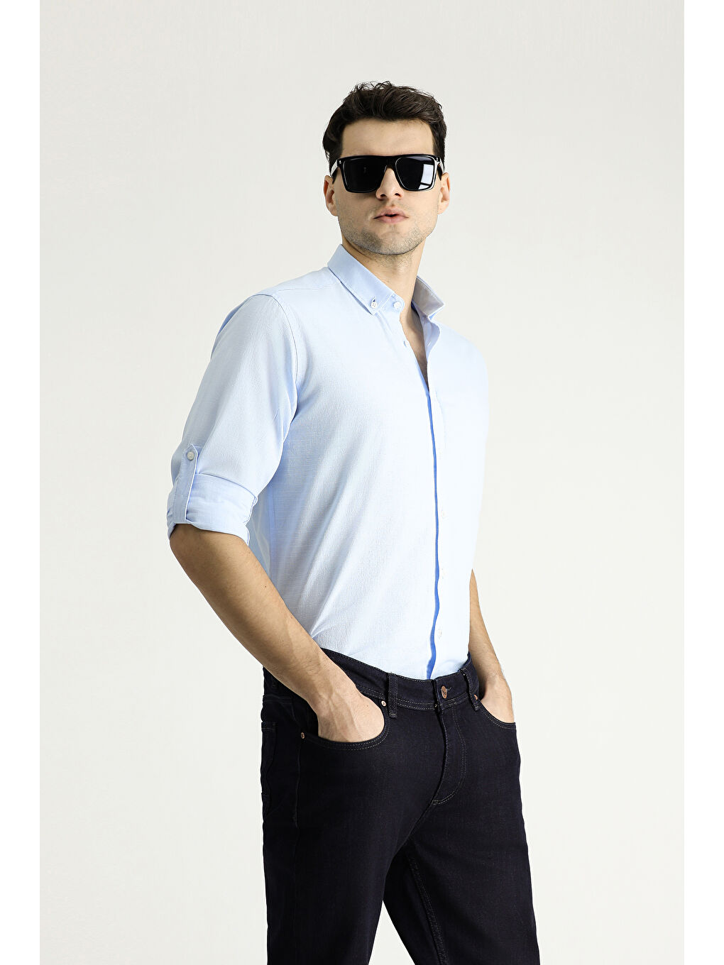 Mavi Uzun Kol Relax Fit Rahat Kesim Keten Görünümlü Pamuk Düğmeli Yaka %100 Pamuk Gömlek-2