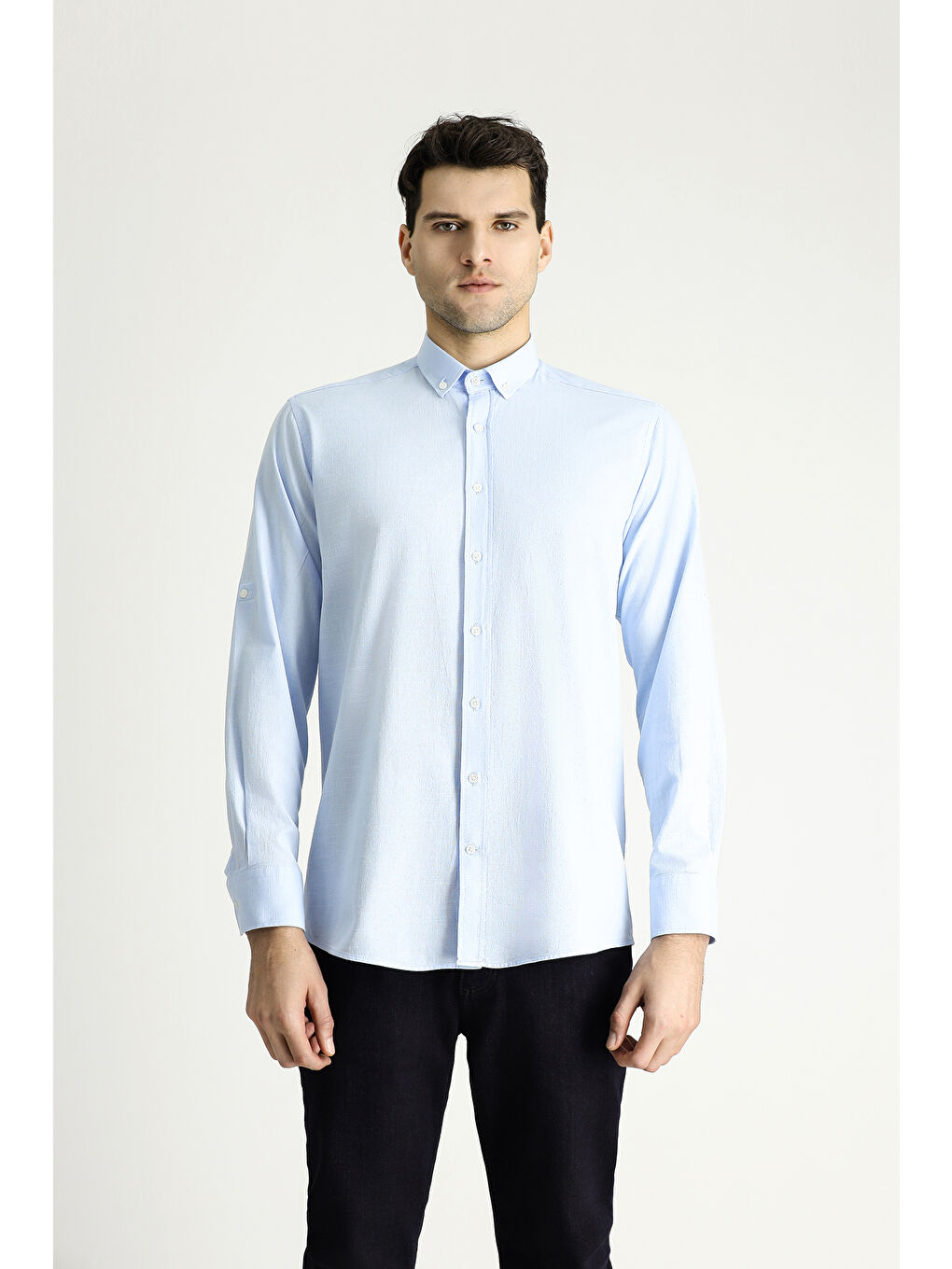 Mavi Uzun Kol Relax Fit Rahat Kesim Keten Görünümlü Pamuk Düğmeli Yaka %100 Pamuk Gömlek-3