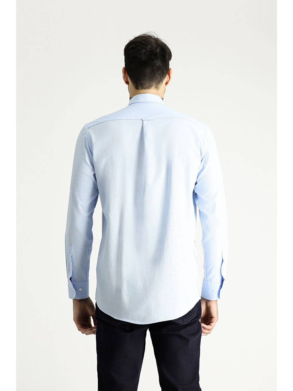 Mavi Uzun Kol Relax Fit Rahat Kesim Keten Görünümlü Pamuk Düğmeli Yaka %100 Pamuk Gömlek-4