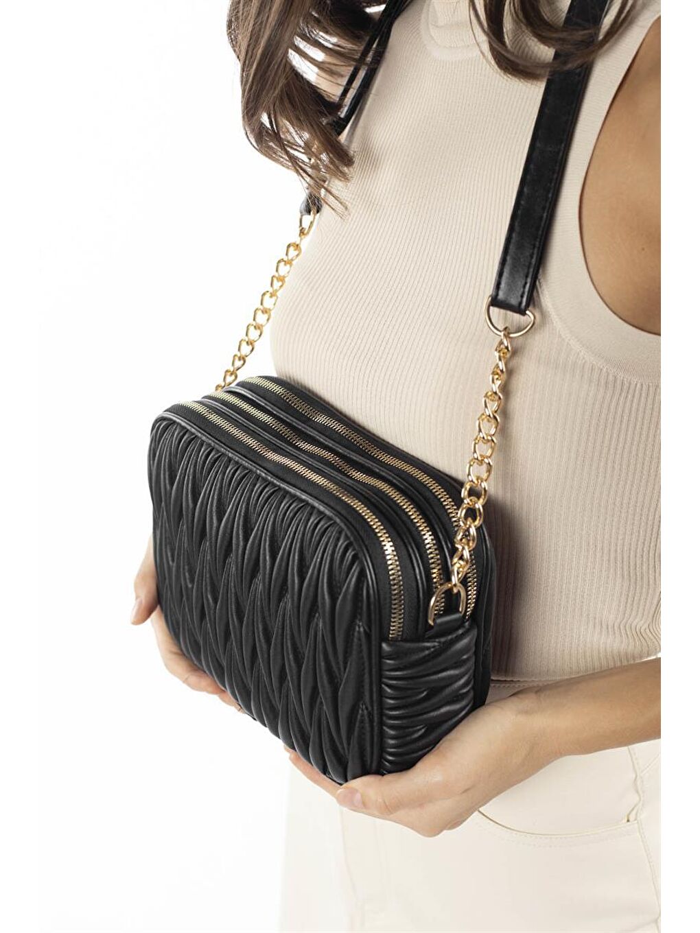 Çok Bölmeli Kapitoneli Çapraz Çanta Siyah