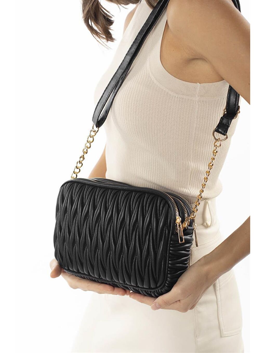 Çok Bölmeli Kapitoneli Çapraz Çanta Siyah-2