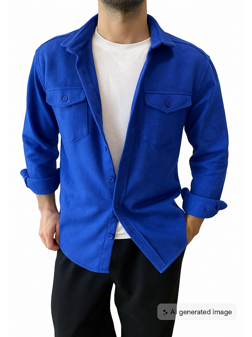 Mavi Haki Erkek Slim Fit Çift Cep Kapaklı Oduncu Gömlek