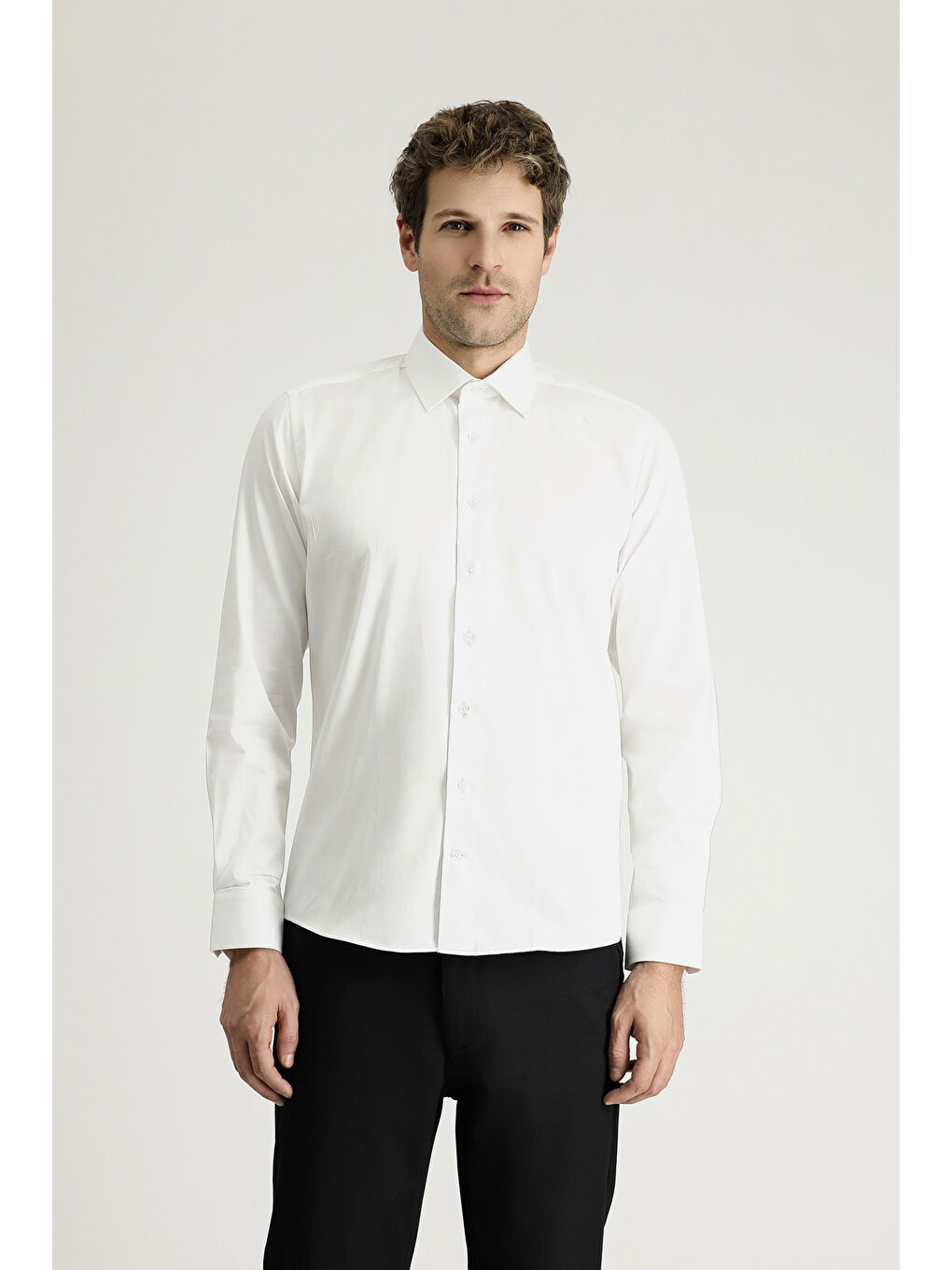 Beyaz Uzun Kol Slim Fit Dar Kesim Klasik Pamuk %100 Pamuk Gömlek-2