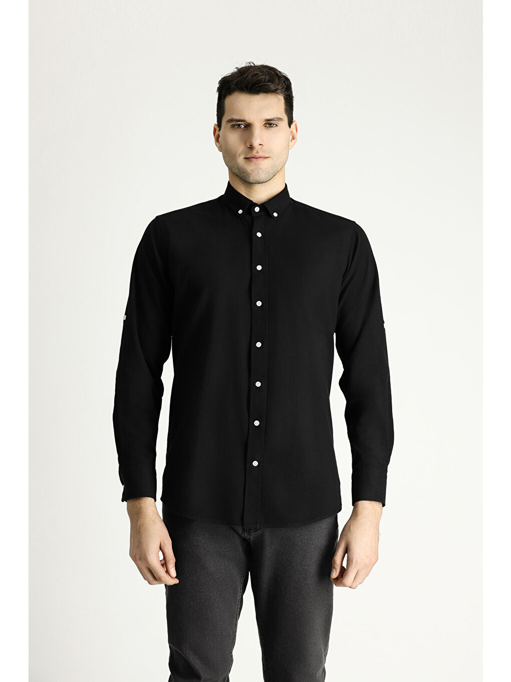 Siyah Uzun Kol Relax Fit Rahat Kesim Keten Görünümlü Pamuk Düğmeli Yaka %100 Pamuk Gömlek-3