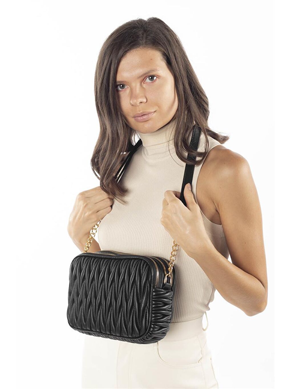 Çok Bölmeli Kapitoneli Çapraz Çanta Siyah-4