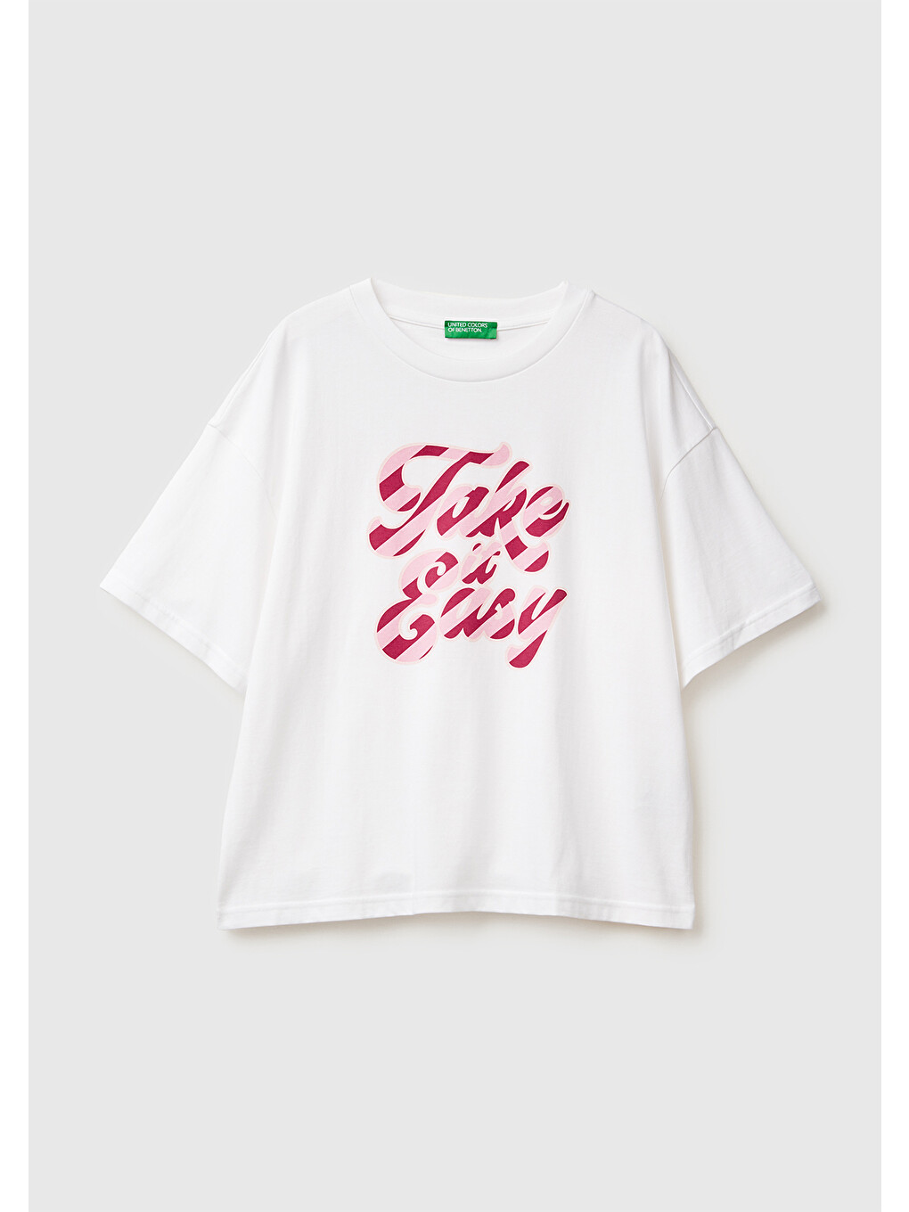 Kadın Beyaz-pembe Yazılı %100 Pamuk Önü Yazı Baskılı Bisiklet Yaka T-shirt-1