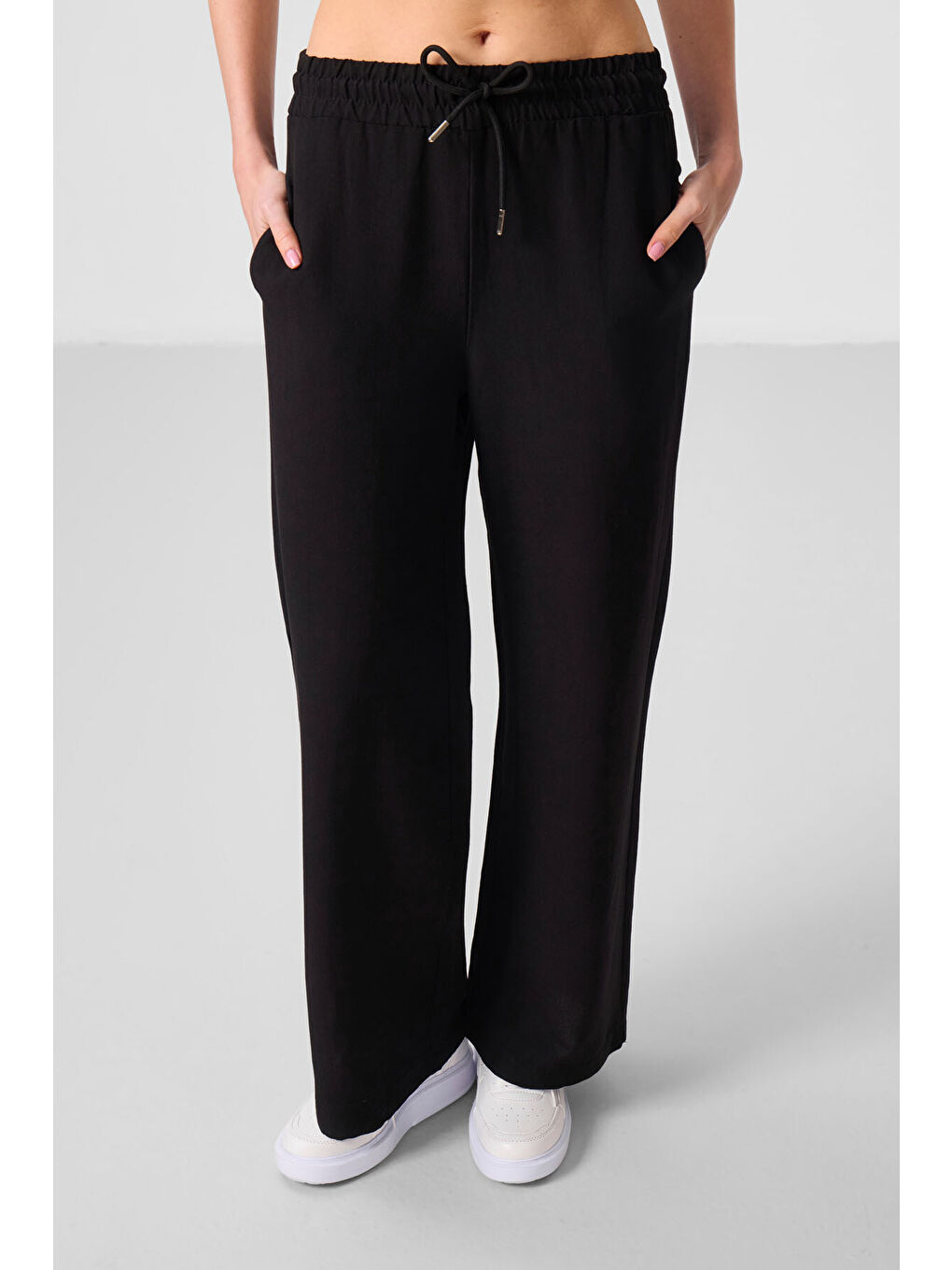 Siyah Keten Geniş Paça Rahat Form Kadın Palazzo Pantolon - 94675-2