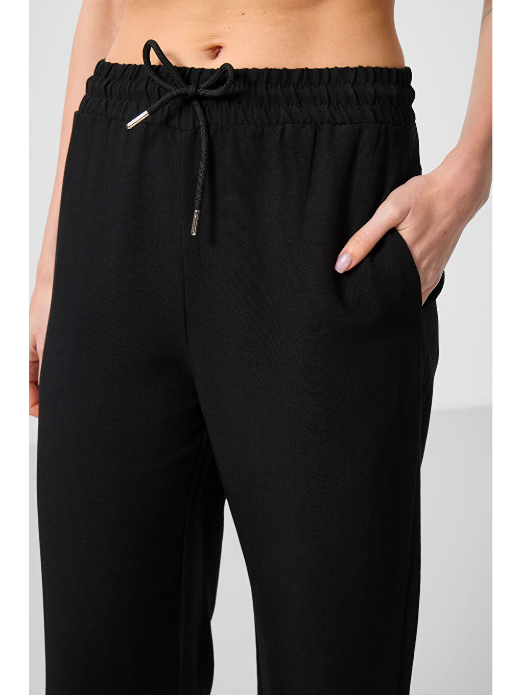 Siyah Keten Geniş Paça Rahat Form Kadın Palazzo Pantolon - 94675-3