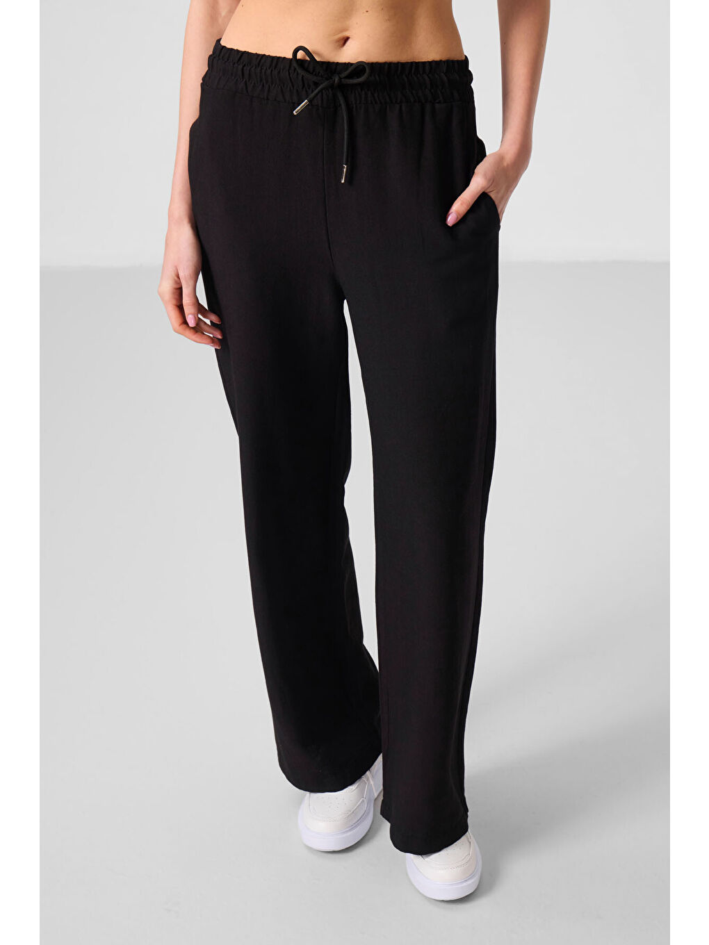 Siyah Keten Geniş Paça Rahat Form Kadın Palazzo Pantolon - 94675-4