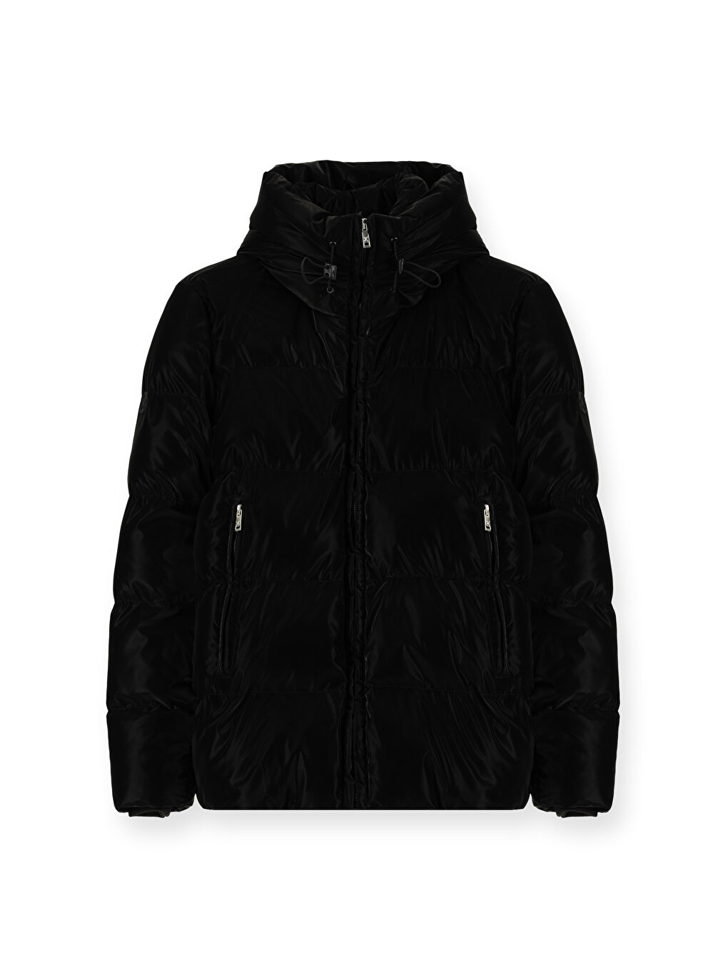 Siyah Kapüşonlu Şişme Deri Görünümlü Mont-8