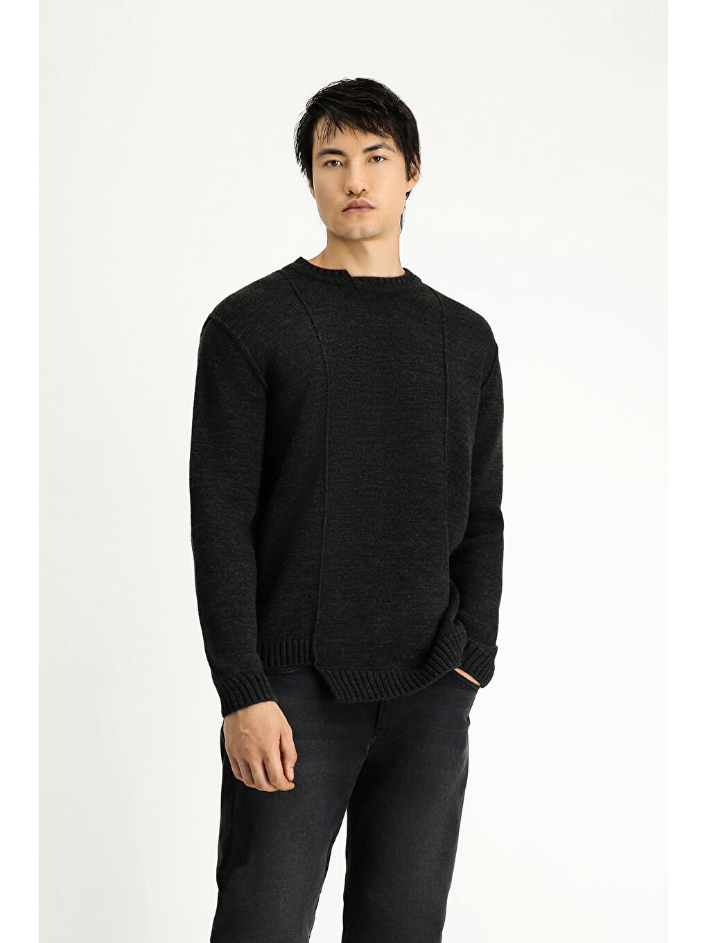 Antrasit Bisiklet Yaka Oversize Desenli Triko Kazak-3