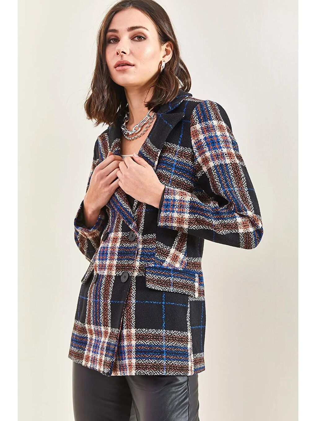 Siyah Kadın Desenli Kaşe Ceket 3001-1