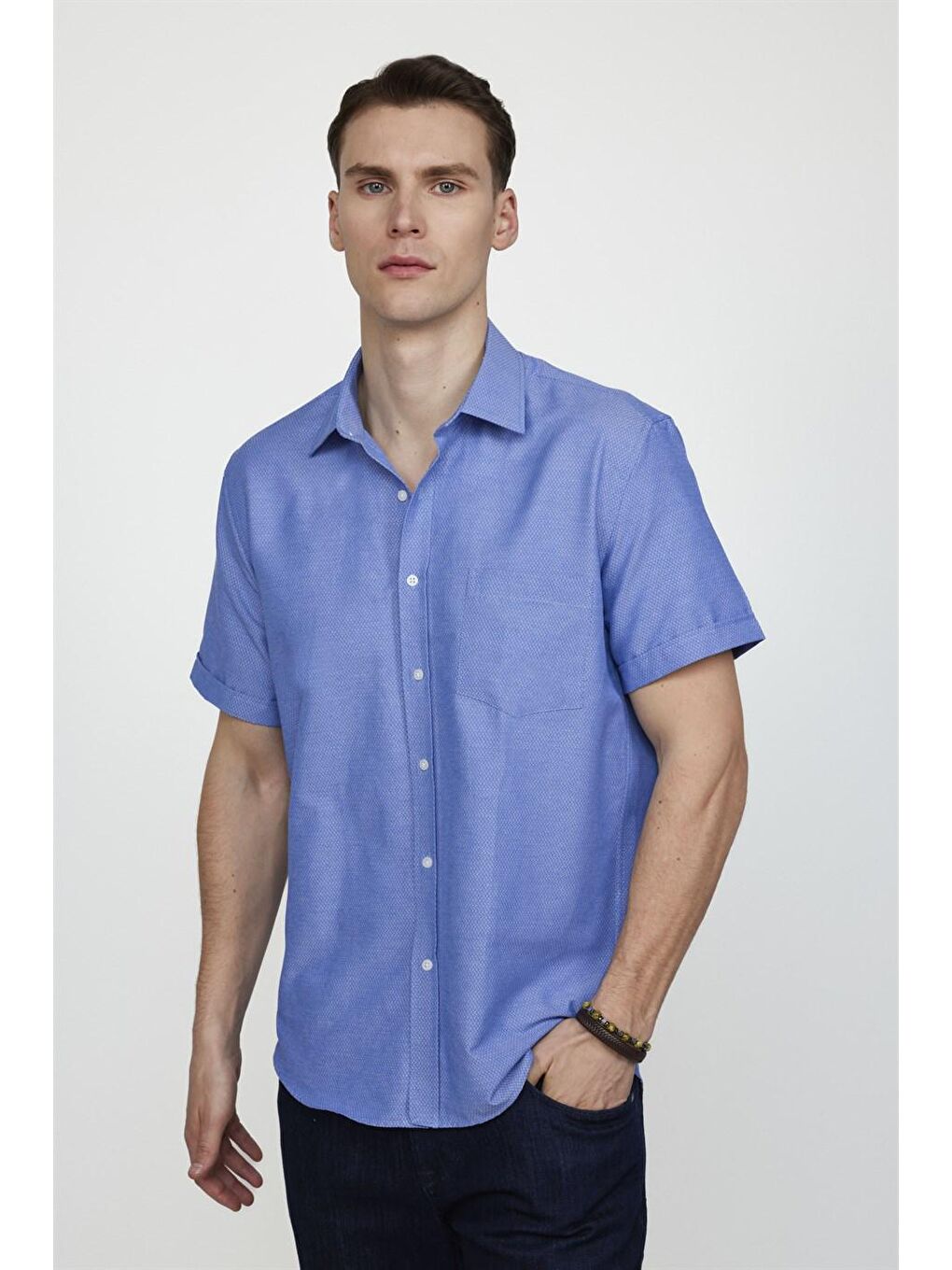 Erkek Regular Fit Klasik Kesim Armürlü Kravatlık Pamuklu Sax Mavi Gömlek