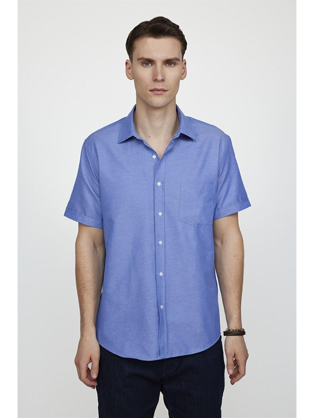 Erkek Regular Fit Klasik Kesim Armürlü Kravatlık Pamuklu Sax Mavi Gömlek-1