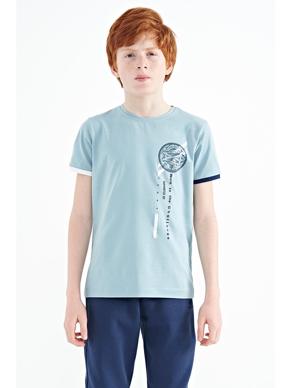 Açık Mavi Baskı Detaylı O Yaka Standart Kalıp Erkek Çocuk T-Shirt - 11131