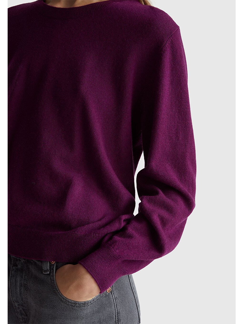 Kadın Mürdüm %100 Merino Ribana Detaylı Bisiklet Yaka Kazak-5