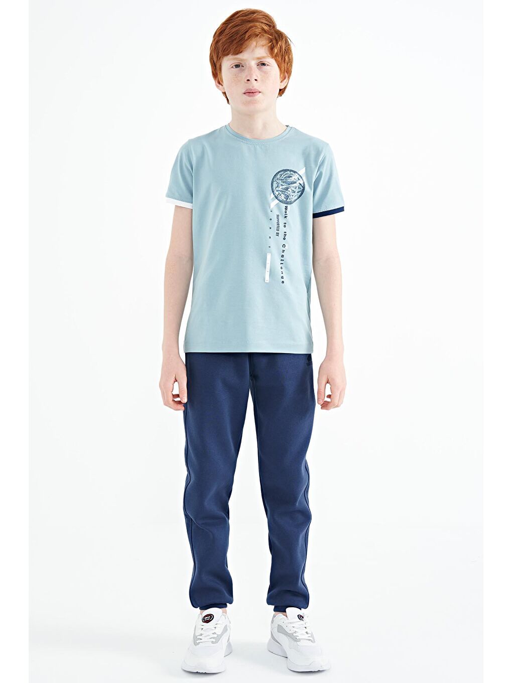 Açık Mavi Baskı Detaylı O Yaka Standart Kalıp Erkek Çocuk T-Shirt - 11131-1