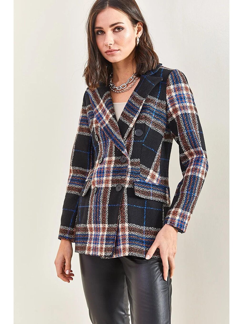 Siyah Kadın Desenli Kaşe Ceket 3001-2