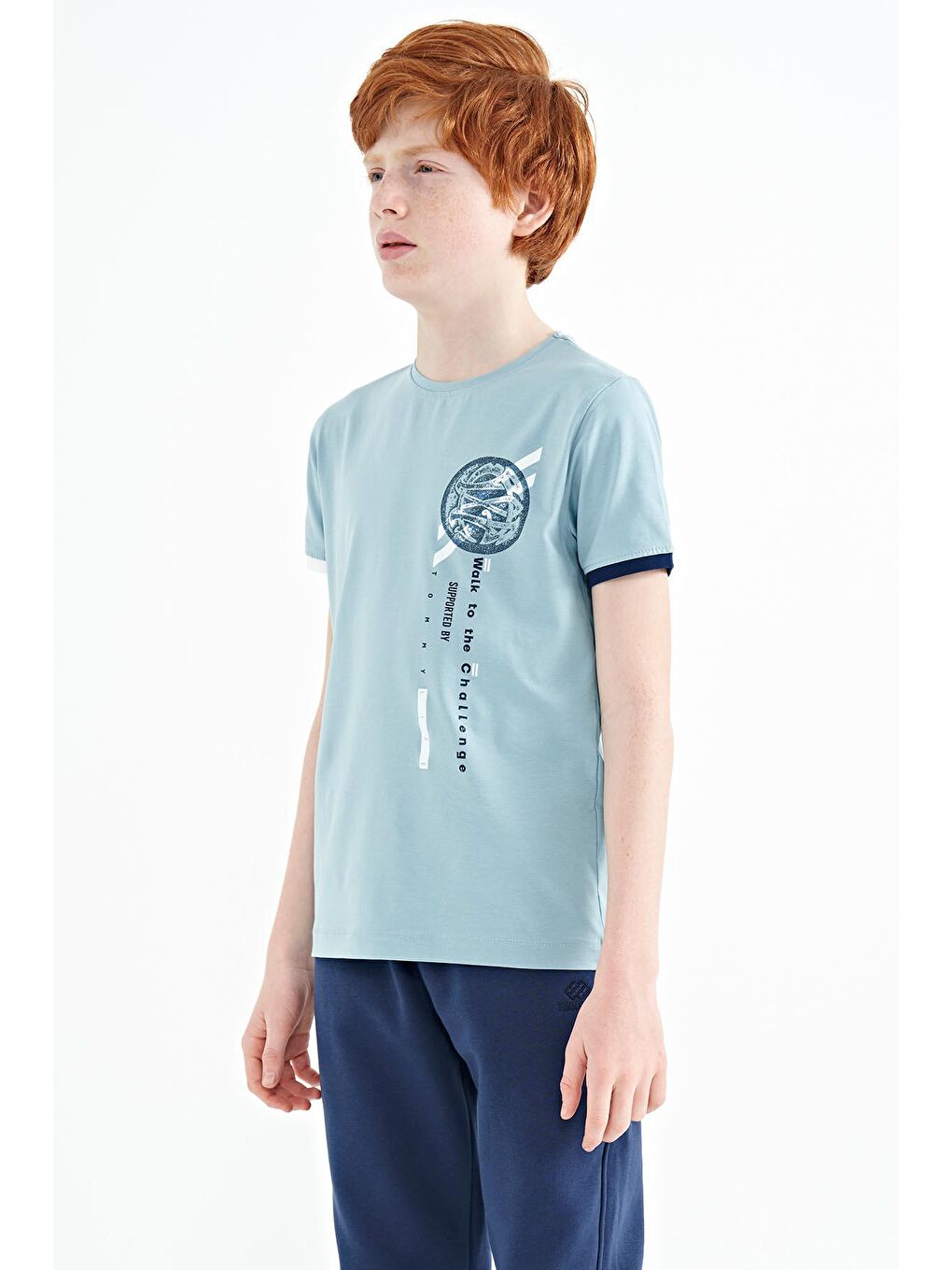 Açık Mavi Baskı Detaylı O Yaka Standart Kalıp Erkek Çocuk T-Shirt - 11131-2