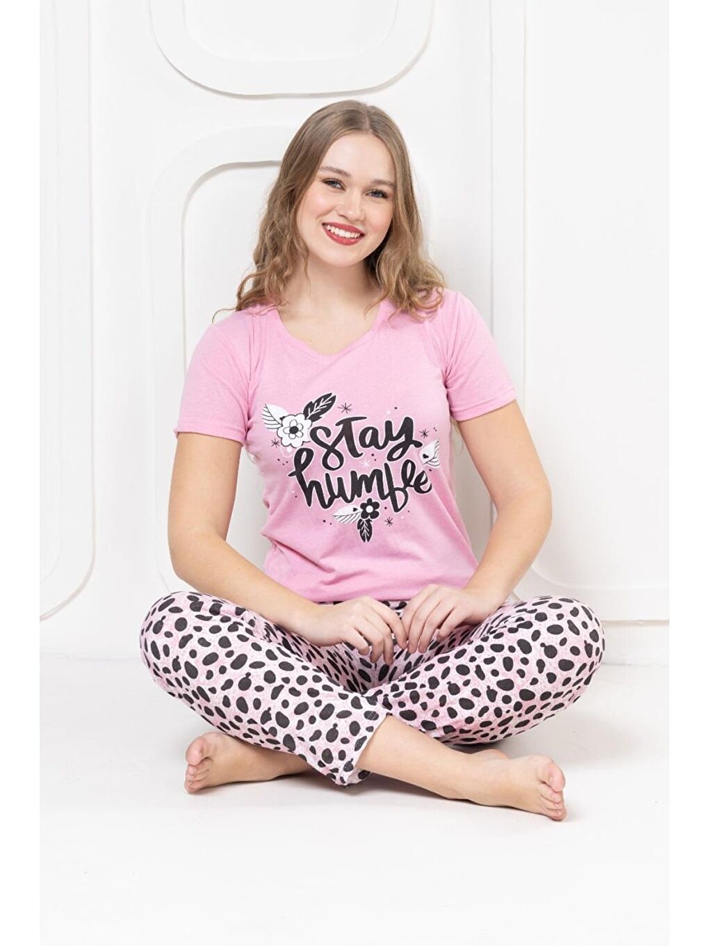 Pembe Ekose Desenli Bisiklet Yaka Pijama Takımı