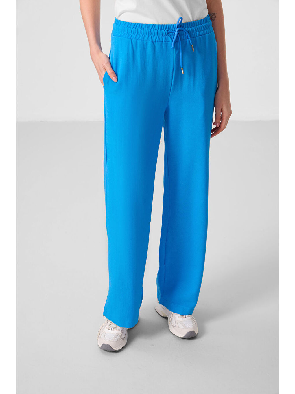 Mavi Keten Geniş Paça Rahat Form Kadın Palazzo Pantolon - 94675-1