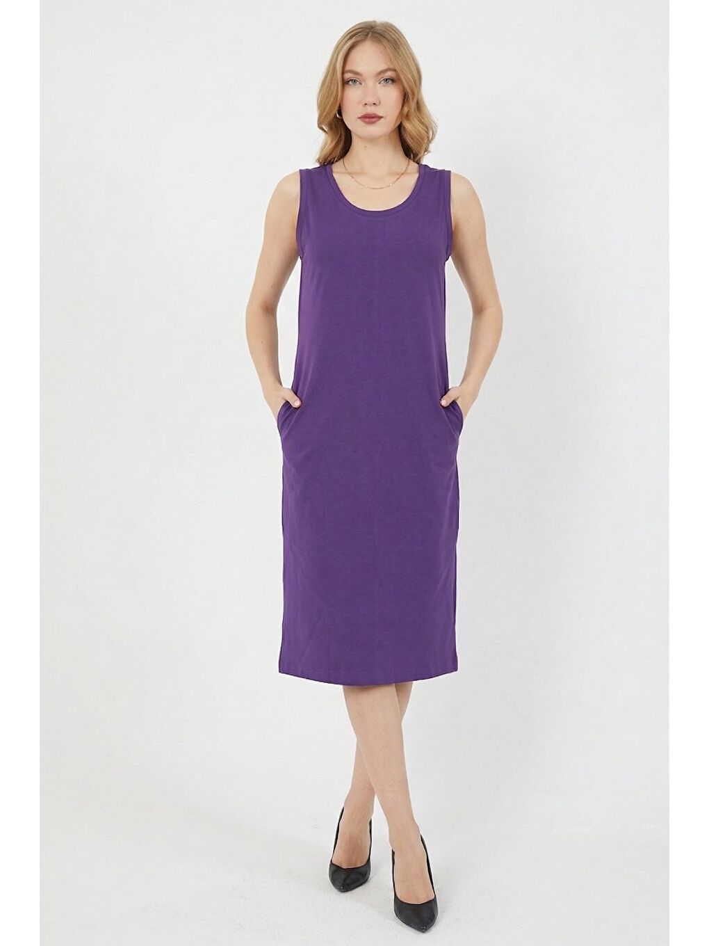 Mor Fitilli Bisiklet Yaka Mini Boy Triko Elbise