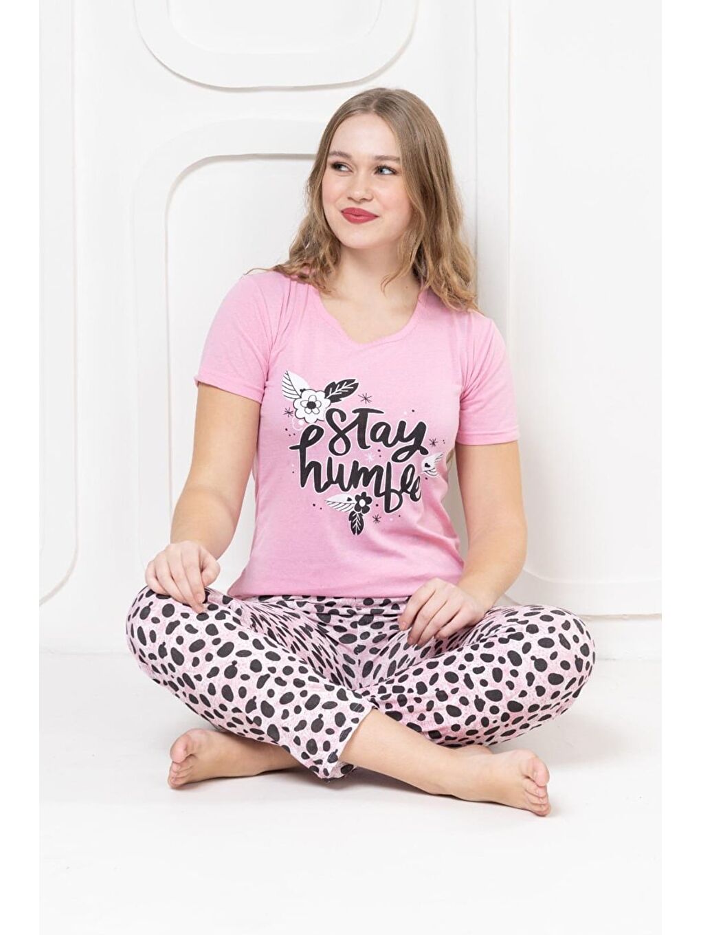 Pembe Ekose Desenli Bisiklet Yaka Pijama Takımı-1