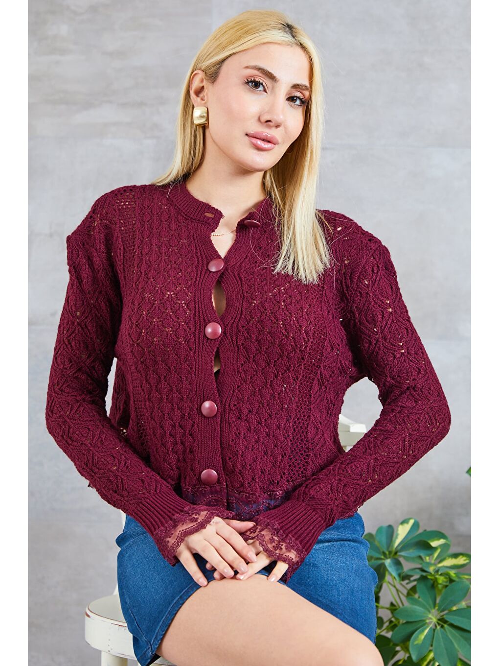 Bordo Dantelli Düğmeli Bisiklet Yaka Triko Hırka-1