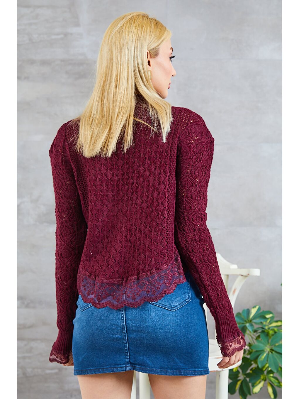 Bordo Dantelli Düğmeli Bisiklet Yaka Triko Hırka-2