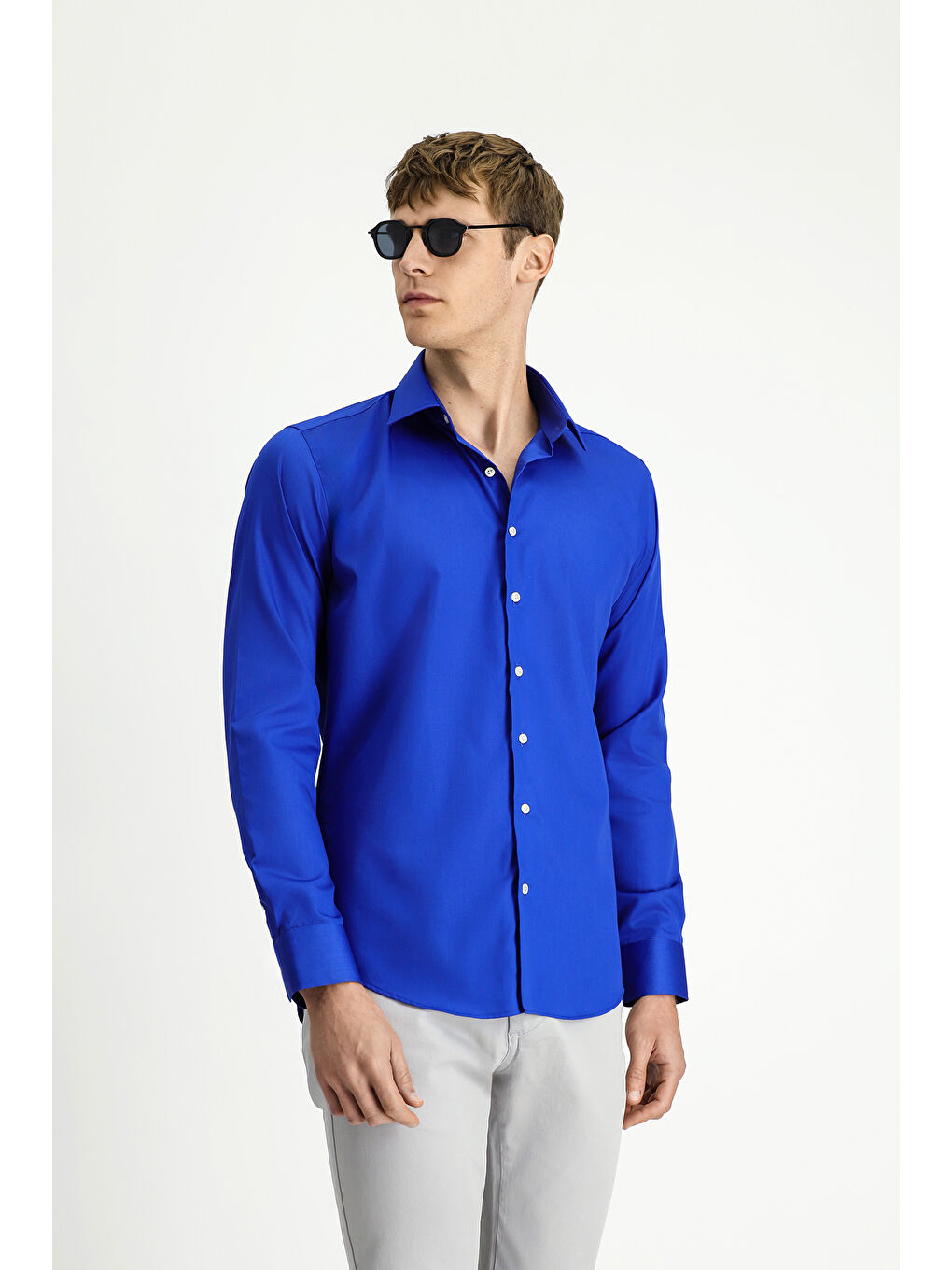 Mavi Uzun Kol Slim Fit Dar Kesim Klasik Non Iron Pamuklu Gömlek-3