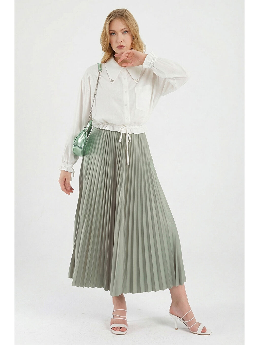 Yeşil Piliseli Beli Lastikli Etek-1