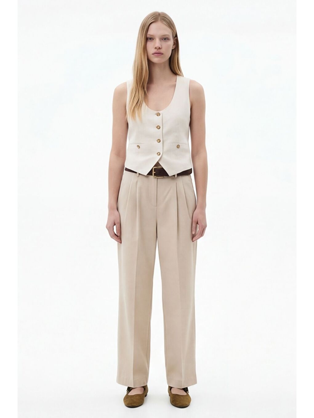 Bej Yüksek Bel Kemerli Pileli Pantolon Taş-2