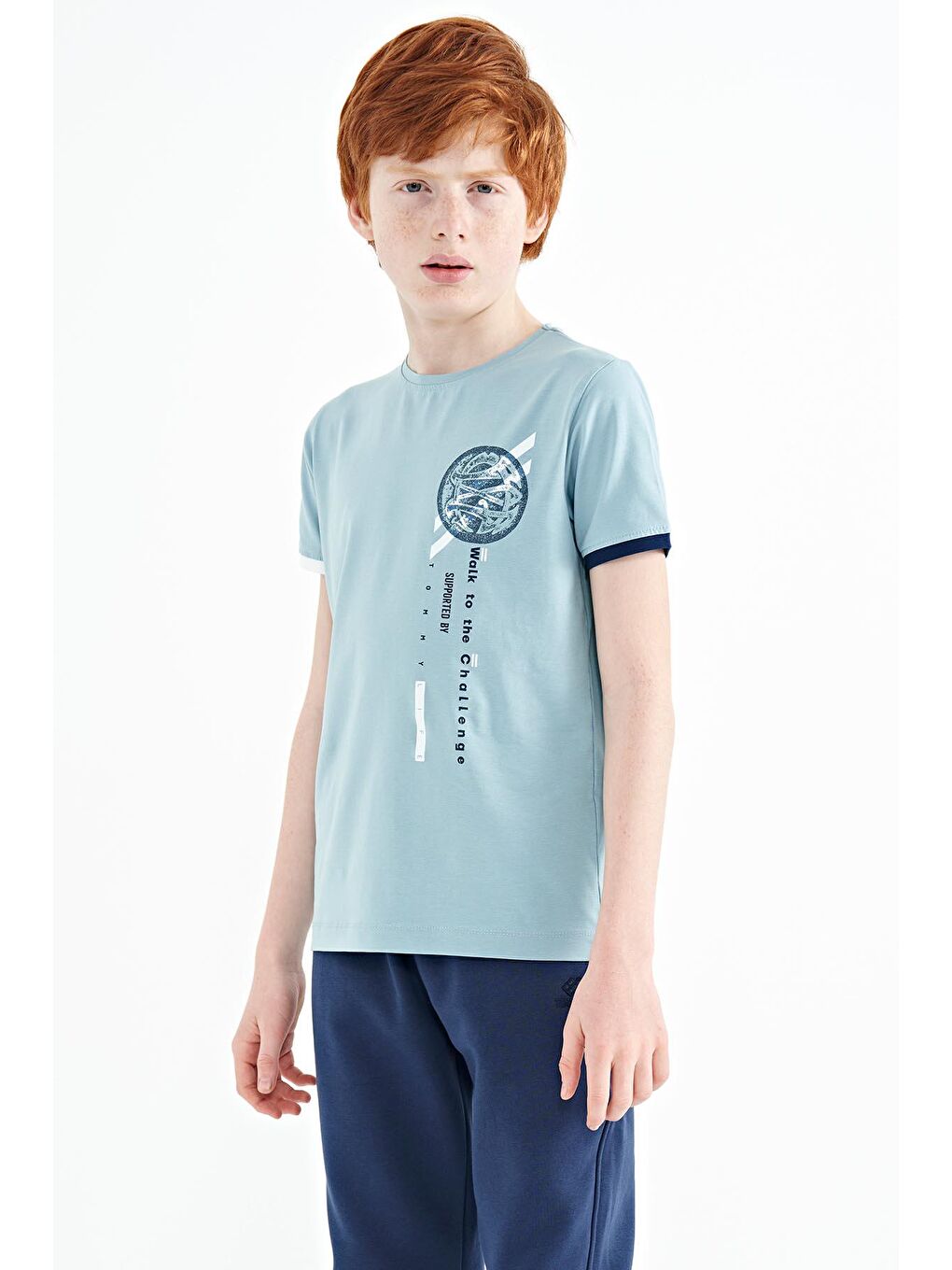 Açık Mavi Baskı Detaylı O Yaka Standart Kalıp Erkek Çocuk T-Shirt - 11131-3